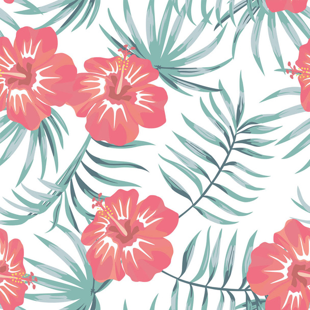 Tropical hibiscus and leaves seamless white background - Vector, Image