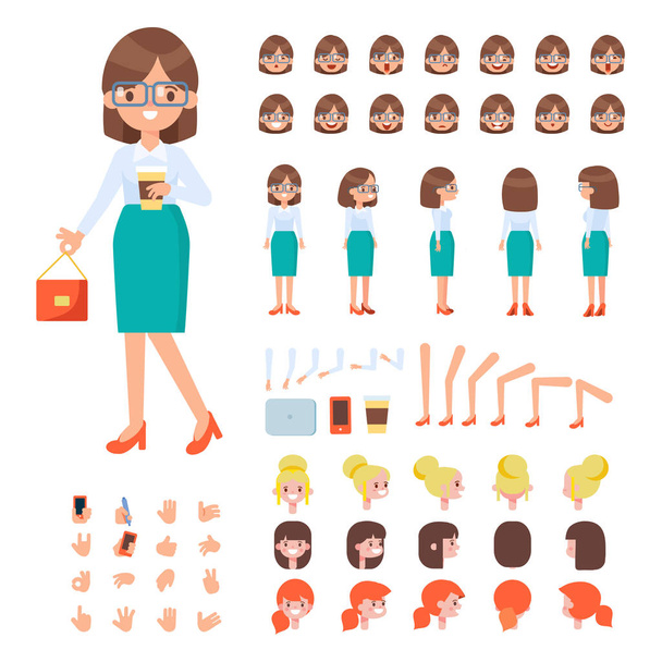 Front, side, back, 3/4 view animated character. Business woman character creation set with various views, hairstyles, lip sync, face emotions and gestures. Cartoon style, flat vector illustration. - Vector, Image
