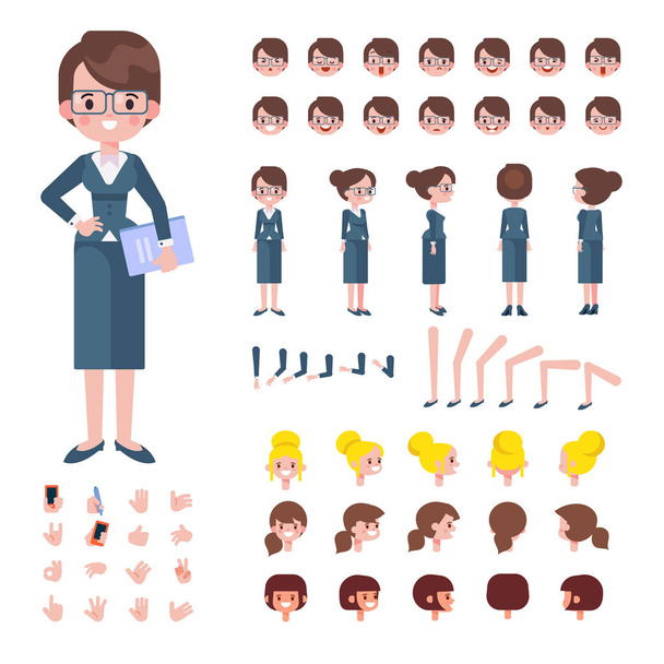 Young teacher character for your scenes. Flat Vector Character creation set with various views, hairstyles and poses. Parts of body template for design work and animation. - Vector, Image