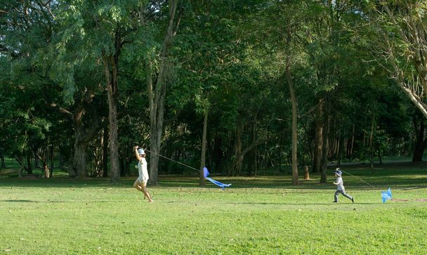 Young mother and son start kite on green meadow at summer day - Foto, Imagem
