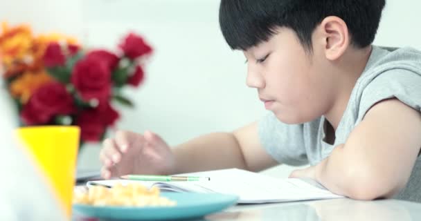 Маленький азиатский подросток делает домашнее задание дома с улыбкой на лице
 - Кадры, видео