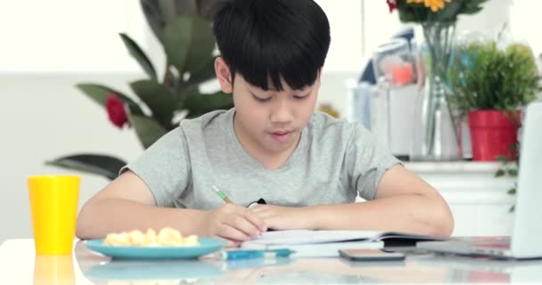 poco asiático preadolescente haciendo tarea en casa con sonrisa cara
 - Imágenes, Vídeo