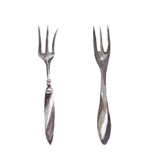2 forks drawing by watercolor, hand drawn illustration - Photo, Image