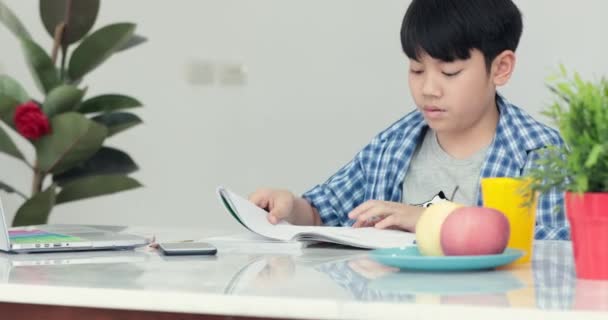 Little asian pre teen doing homework at home with smile face - Materiał filmowy, wideo