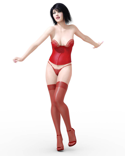3D Beautiful brunette girl in lingerie, corset and stockings. Red clothes. Woman studio photography. High heel. Conceptual fashion art. Seductive candid pose. Realistic render illustration. Isolate. - 写真・画像