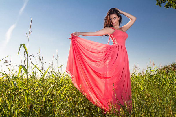 Beautiful young woman in a red dress in the summer field - Photo, Image
