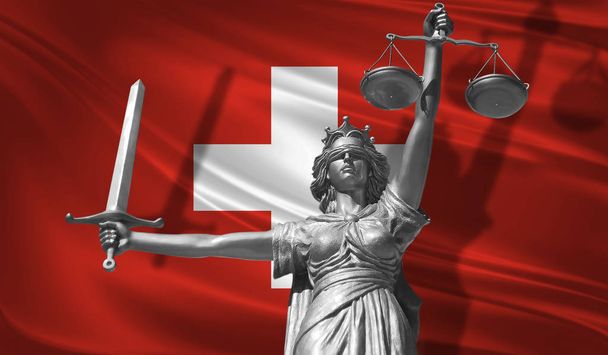 Terjed ki a törvény. Isten az igazságszolgáltatás Themis hátterű lobogó Svájc szobra. Eredeti szobor az igazságszolgáltatás. Mária, skála, Svájc zászló, 3d rendering igazságszolgáltatás jelképe. - Fotó, kép