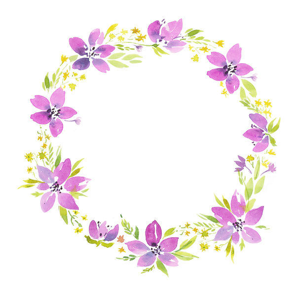 watercolor illustration, garland purple bright flowers, green leaves - Photo, image