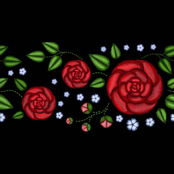 Embroidery horizontal colorful floral seamless pattern. traditional folk dog roses and forget me not flowers ornament on black background. - Διάνυσμα, εικόνα