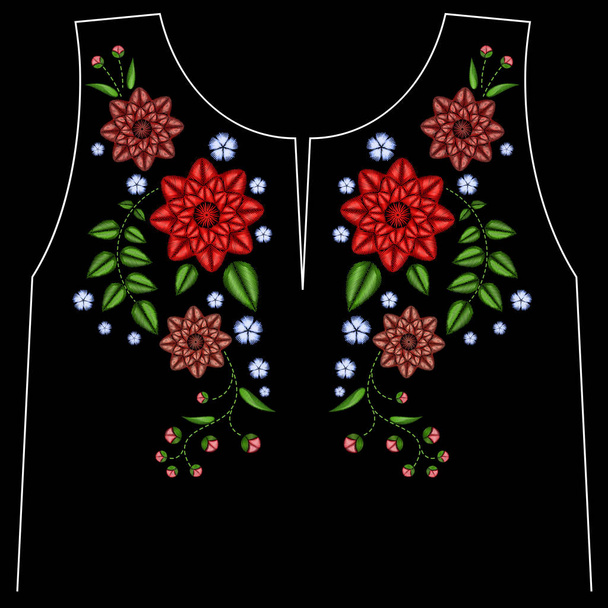 Embroidery ethnic flowers neck line flower design graphics fashion wearing - Вектор,изображение