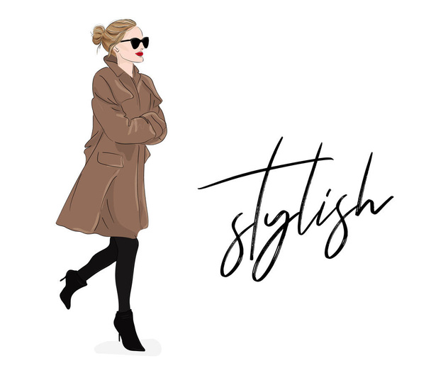 Vector fashion illustration: girl in beige coat and sunglasses. Spring Autumn model drawing poster. Magazine stulish look. Cute elegant business outfit - Vektori, kuva