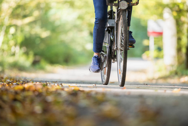 Woman riding a bicycle outdoors on a path in the park - 写真・画像