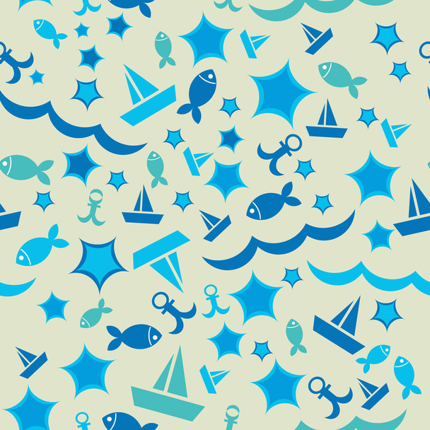 Seamless pattern with boats waves and fish, starfish, anchors. V - Вектор,изображение