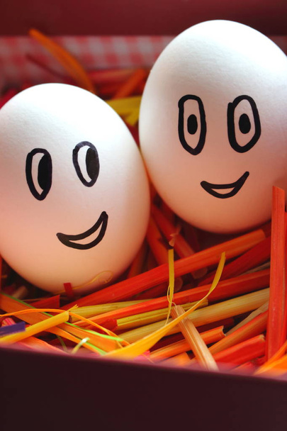Komik yumurta gülümseme ve gözleri parlak kutusunda. Mutlu Paskalya yumurtaları. Doğal sağlıklı gıda. Rustik yemek. Sağlıklı kahvaltı kavramı. Arkadaşlık arka plan. - Fotoğraf, Görsel