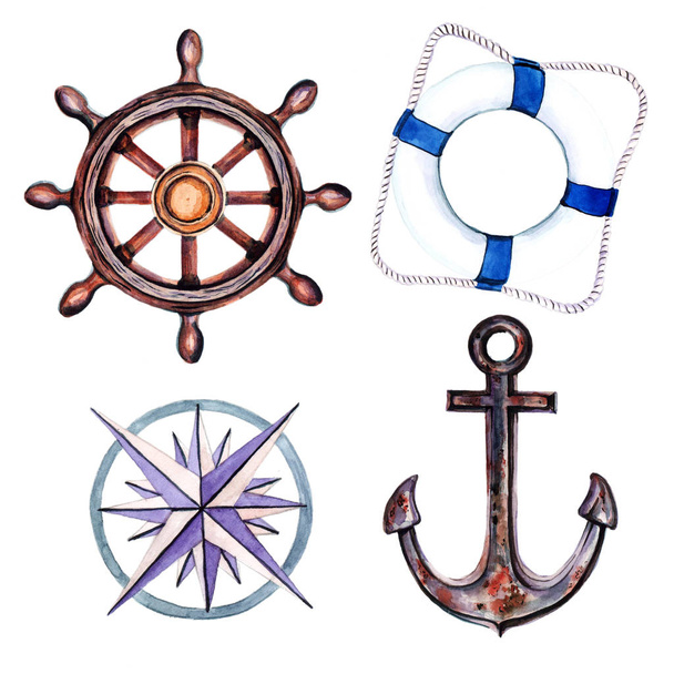 Marine set of elements for your design from the anchor, steering wheel and sea knots. - Photo, Image