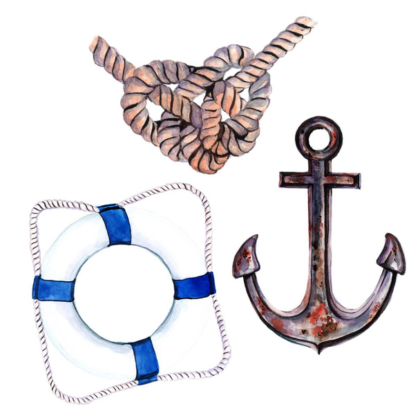 Морський набір елементів для вашого дизайну з якоря, керма і морських вузлів
. - Фото, зображення
