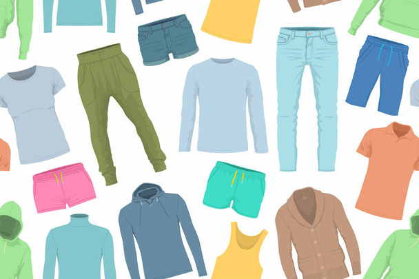 Seamless pattern of colorful clothes. Background of clothing. Scattered clothes - ベクター画像