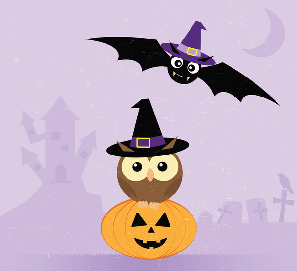 Bat, owl and pumpkin on Halloween night - Vector, Image