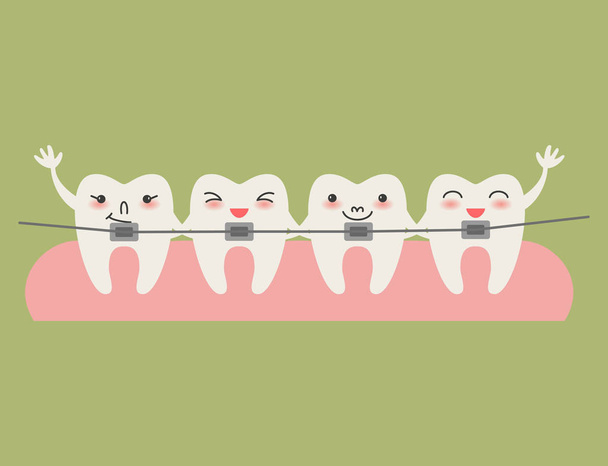 Cartoon  Teeth with braces on green background.  - Вектор,изображение