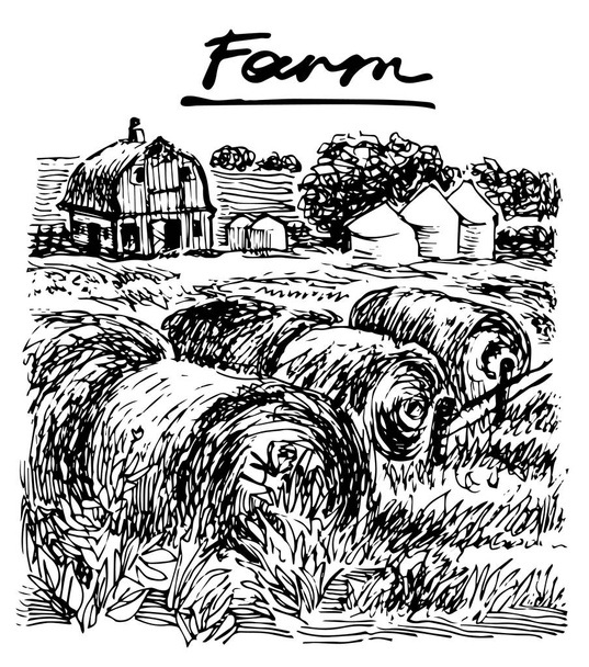 Bauernlandschaft. Vektor Hand gezeichnete grafische Illustration. - Vektor, Bild