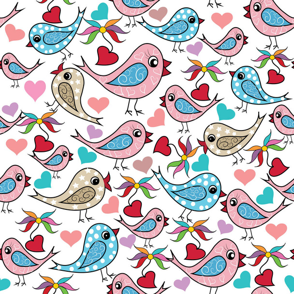 Pássaros coloridos desenhados à mão, corações de amor, flores sem costura padrão
 - Vetor, Imagem