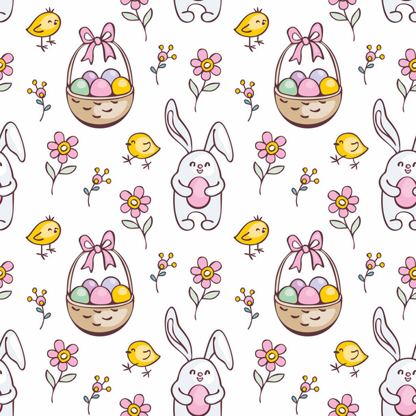 Colorful seamless pattern with the image of Easter eggs, rabbits and chickens. Vector background. - Vecteur, image