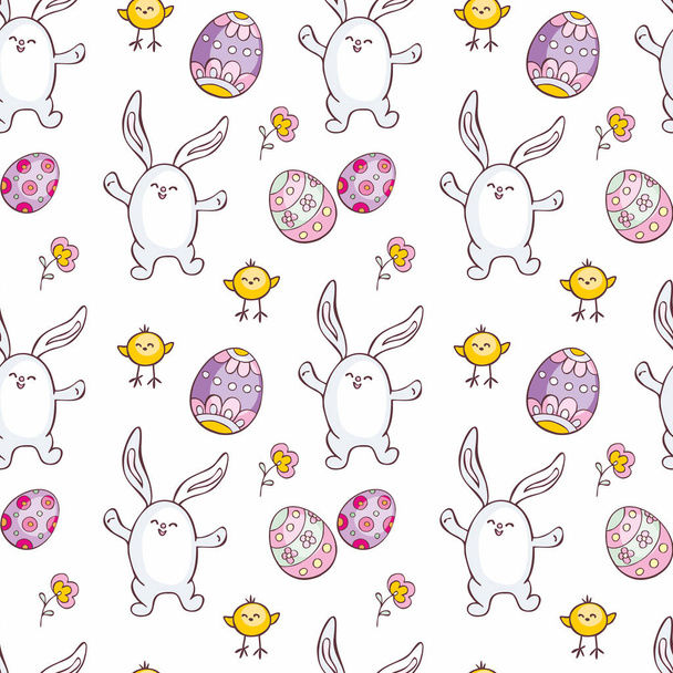 Colorful seamless pattern with the image of Easter eggs, rabbits and chickens. Vector background. - Vektör, Görsel