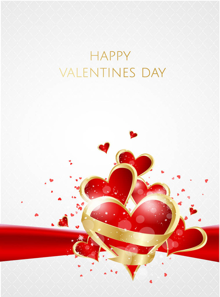 Valentijnsdag achtergrond met rode hartjes en gouden bogen - Vector, afbeelding