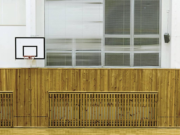 Interior do ginásio da escola com paredes cobertas por rede de segurança. Grande salão com placa de basquete
 - Foto, Imagem