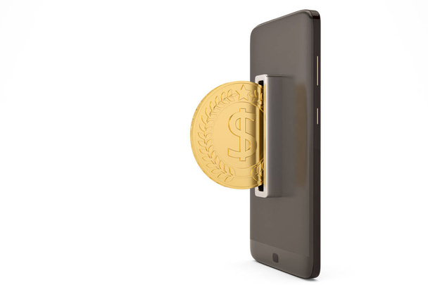Big gold coin and mobile phone smartphone save concept.3D illust - 写真・画像