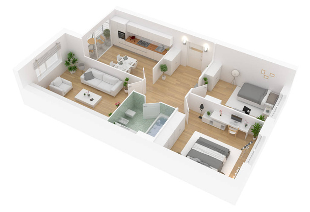 Vista superior do plano de chão. Apartamento interior isolado sobre fundo branco. Renderização 3D
 - Foto, Imagem