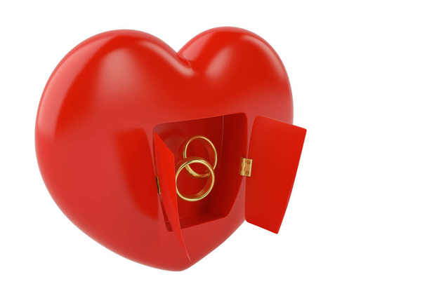 Open red heart with gold rings on white background.3D illustrati - Φωτογραφία, εικόνα