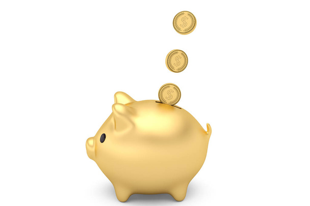 White.3 üzerinde izole yuvasına düşen paraları ile altın piggy banka - Fotoğraf, Görsel