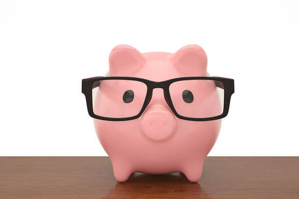 Pink  piggy bank with glasses on the wood board.3D illustration - Foto, Bild