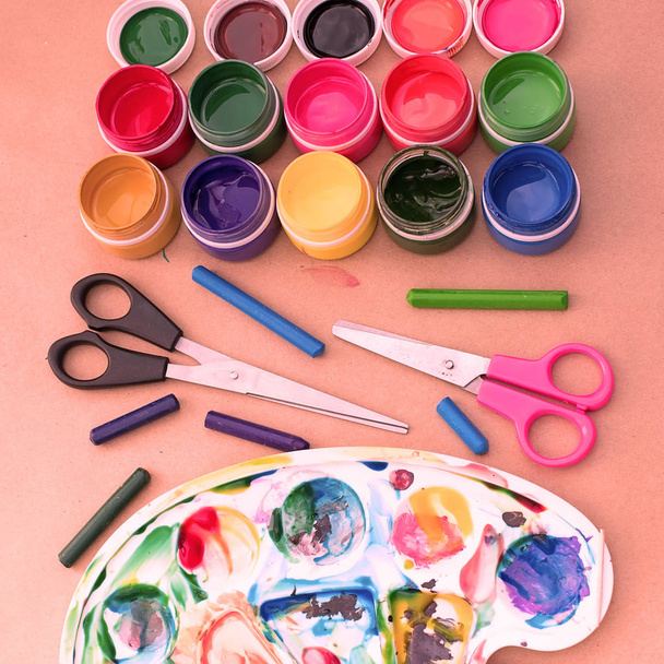 A set of materials for creativity and drawing Hobbies. Classes for creativity with children. Flat lay top view - Photo, Image