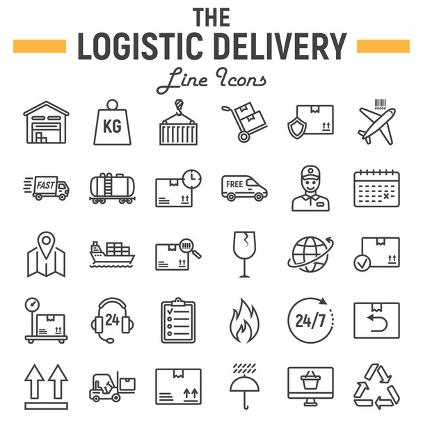 Symbolset für Logistiklinien, Sammlung von Liefersymbolen, Vektorskizzen, Logoabbildungen, Versandschilder lineare Piktogramme Paket isoliert auf weißem Hintergrund, Folge 10. - Vektor, Bild