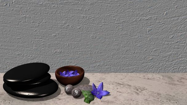mísa z květin, pemza kamenné mohyly, čínštině Qigong koule a fialový květ - Fotografie, Obrázek