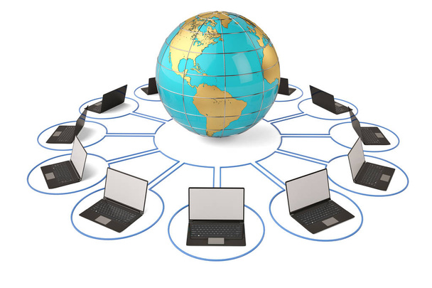 Ilustracja networking.3d świata i komputer. - Zdjęcie, obraz