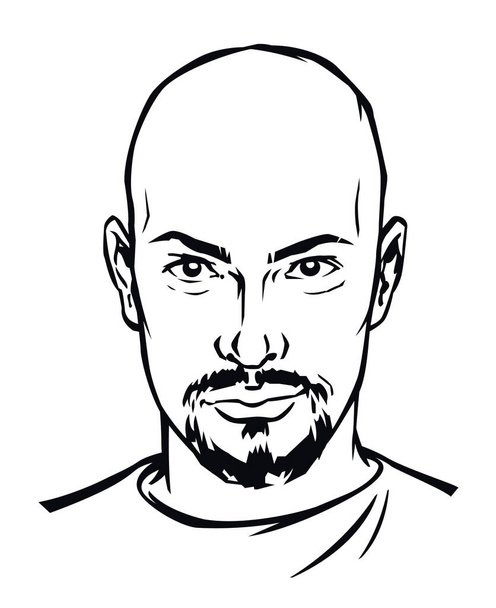 The head of a serious man in a vector. Character for the company logo. Image is isolated on white background. Contour drawing of the head. The bald man is a hipster. Mascot, brand, image. Illustration. - Διάνυσμα, εικόνα