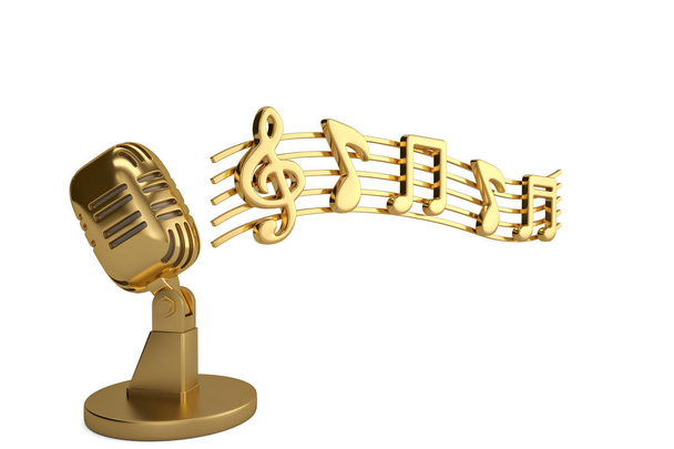 Music notes and microphone on white background.3D illustration. - Fotografie, Obrázek