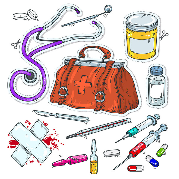 képregény stílusú ikonok, matrica, orvosi eszköz, orvosi táska - Vektor, kép