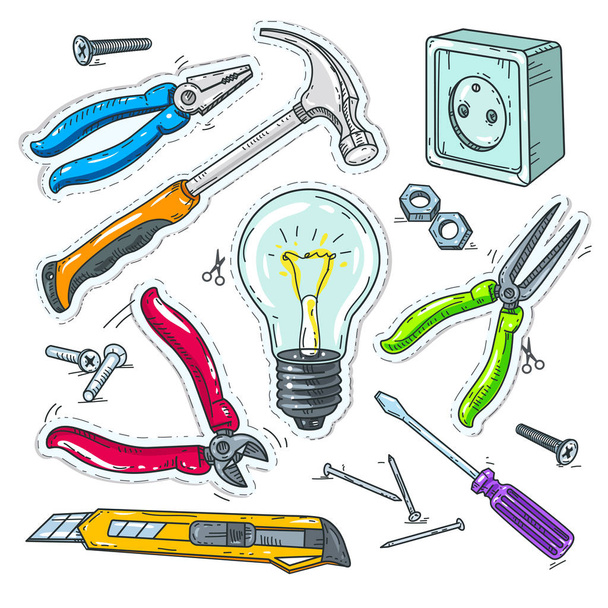 colorido conjunto de herramientas de carpintería, bombilla, zócalo y martillo
 - Vector, Imagen
