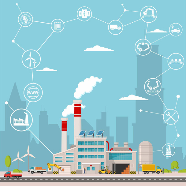 smart factory and around it icons. Smart factory or industrial internet of things. vector illustration - Vector, Image