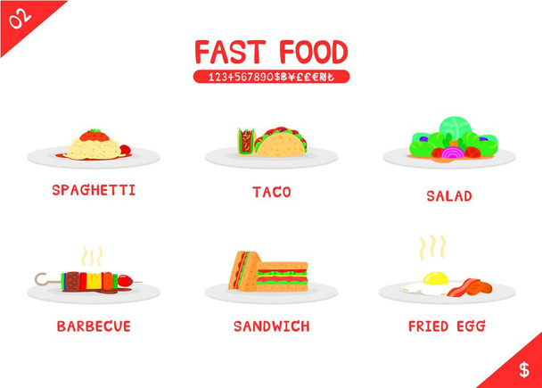 Σύνολο Φάστ φούντ μενού μακαρόνια σαλάτα taco μπάρμπεκιου σάντουιτς και τηγανητό αυγό, επίπεδη διάνυσμα απομονωμένες εικονίδιο σε λευκό φόντο, όνομα αριθμός και χρήματα σύμβολα, πολύχρωμο cartooning στυλ, στυλιζαρισμένη εικονίδιο - Διάνυσμα, εικόνα