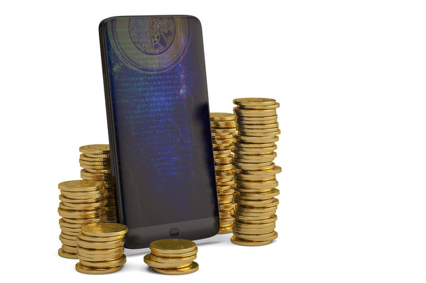 Smart phone with gold coin stacks.3D illustration. - Valokuva, kuva