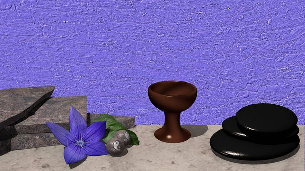 Rompiendo piedras, flor púrpura con hoja naranja y bolas chinas de Qi Gong
 - Foto, Imagen