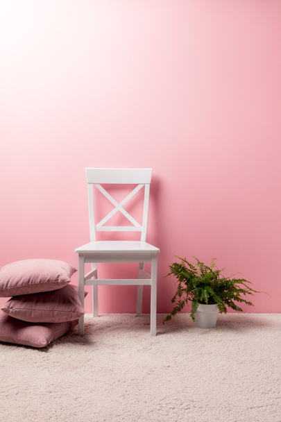 chaise avec oreillers et pot de fougère devant le mur rose
 - Photo, image