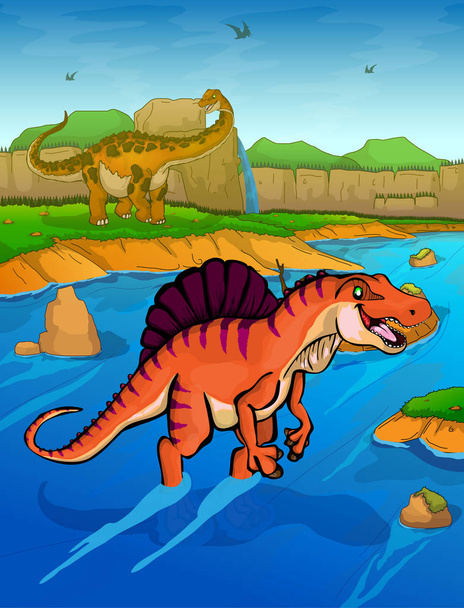 Spinosaurus σχετικά με το ιστορικό ποτάμι  - Διάνυσμα, εικόνα
