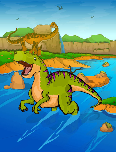 Tiranosaurio en el fondo del río
  - Vector, imagen