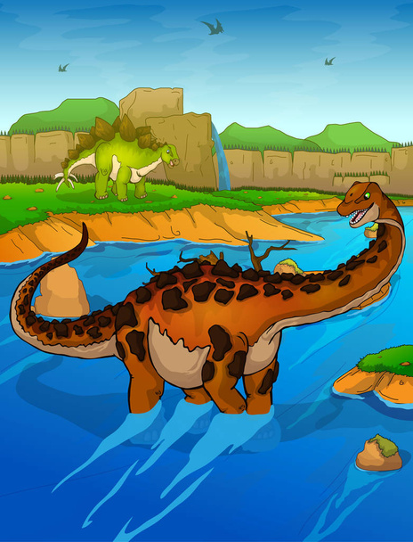 Titanosaur on the river background  - Vector, Image